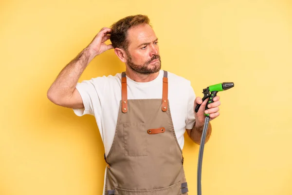 Middle Age Man Smiling Happily Daydreaming Doubting Gardener Hose Concept — Stock Photo, Image