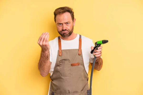 Middle Age Man Making Capice Money Gesture Telling You Pay — Stock Photo, Image