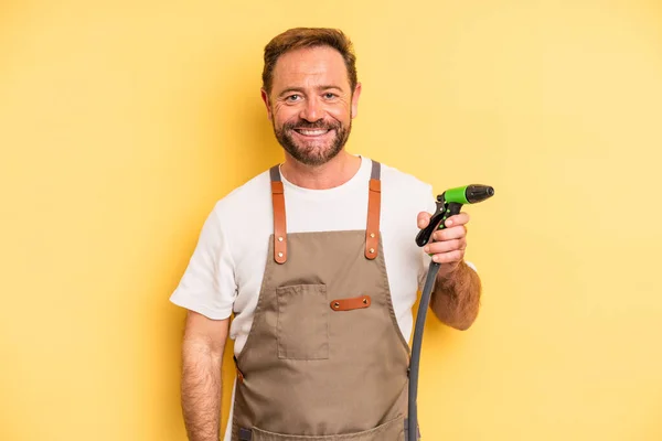 Middle Age Man Looking Happy Pleasantly Surprised Gardener Hose Concept — Stock Photo, Image