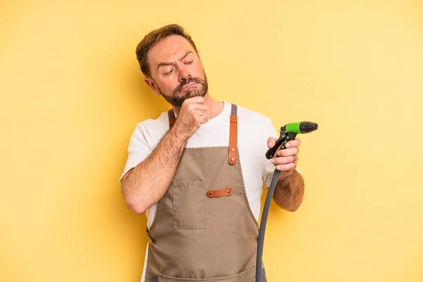 Middle Age Man Thinking Feeling Doubtful Confused Gardener Hose Concept — Stock Photo, Image