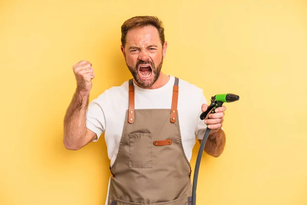 Middle Age Man Shouting Aggressively Angry Expression Gardener Hose Concept — Stock Photo, Image