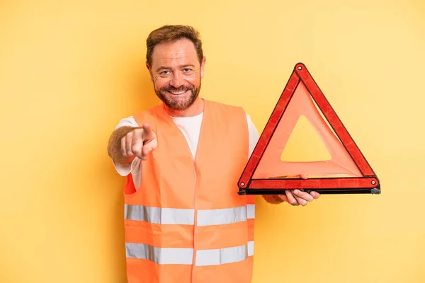 Middle Age Man Pointing Camera Choosing You Triangle Breakdown Car — Stock Photo, Image