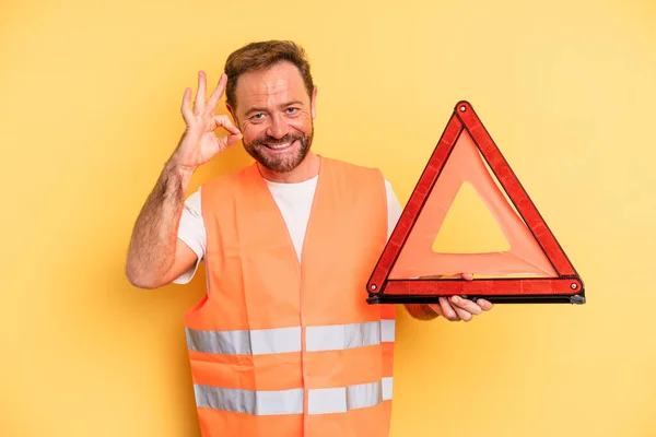 Middle Age Man Feeling Happy Showing Approval Okay Gesture Triangle — Stock Photo, Image