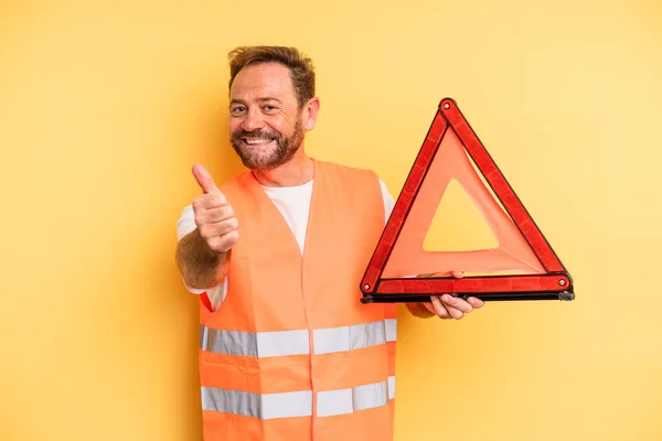 Middle Age Man Feeling Proud Smiling Positively Thumbs Triangle Breakdown — Stock Photo, Image