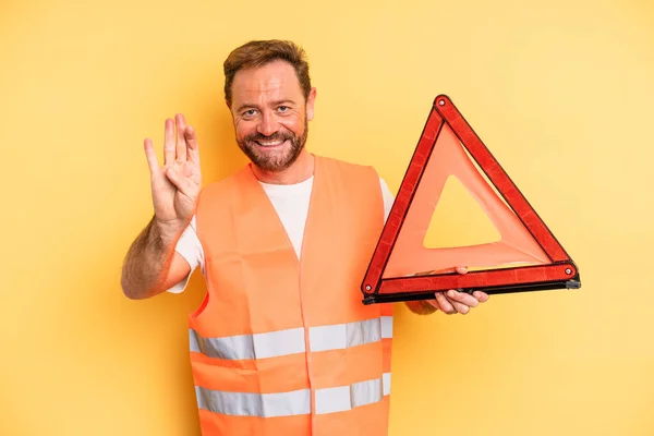 Middle Age Man Smiling Looking Friendly Showing Number Four Triangle — Stockfoto