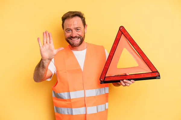 Middle Age Man Smiling Looking Friendly Showing Number Five Triangle — Stockfoto