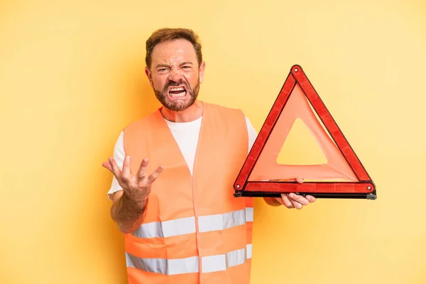 Middle Age Man Looking Angry Annoyed Frustrated Triangle Breakdown Car — Stock Photo, Image