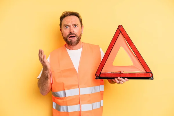 Middle Age Man Looking Desperate Frustrated Stressed Triangle Breakdown Car — Stock Photo, Image