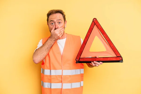 Middle Age Man Covering Mouth Hands Shocked Triangle Breakdown Car — Photo