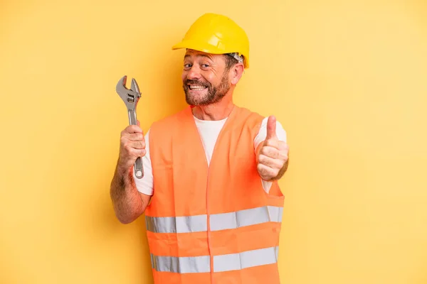 Middle Age Man Feeling Proud Smiling Positively Thumbs Breakdown Car — Stockfoto