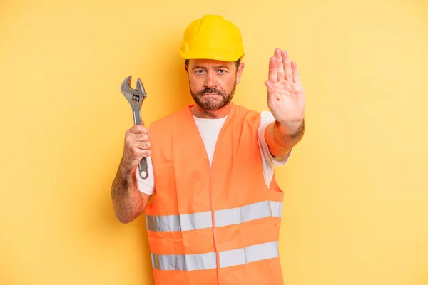 Middle Age Man Looking Serious Showing Open Palm Making Stop — Stok fotoğraf