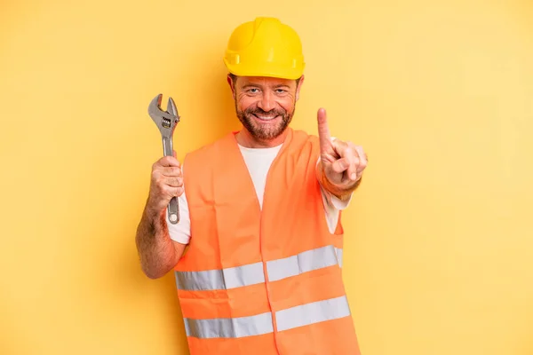 Middle Age Man Smiling Proudly Confidently Making Number One Breakdown — Stockfoto