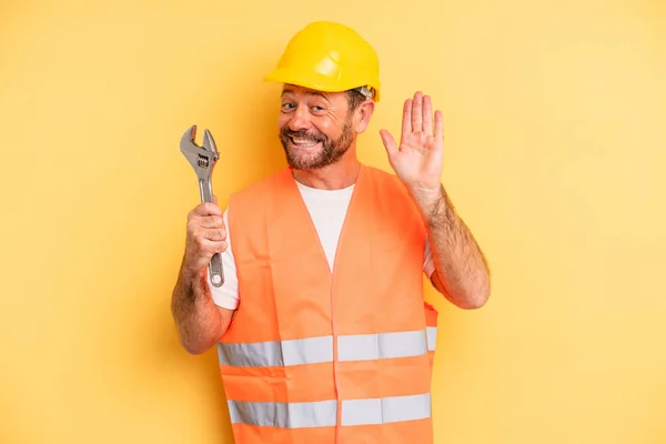 Middle Age Man Smiling Happily Waving Hand Welcoming Greeting You — Stockfoto