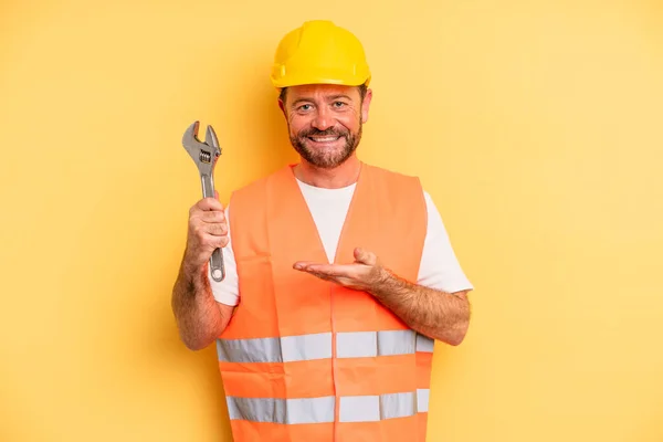 Middle Age Man Smiling Cheerfully Feeling Happy Showing Concept Breakdown — Stockfoto