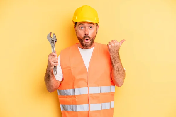 Middle Age Man Looking Astonished Disbelief Breakdown Car Repair Wrench — Stok fotoğraf