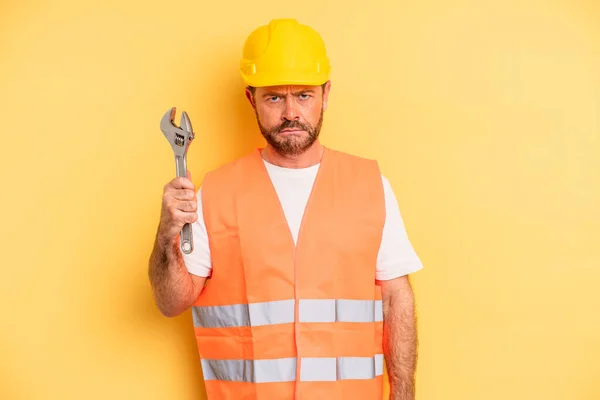 Middle Age Man Feeling Puzzled Confused Breakdown Car Repair Wrench — Stockfoto