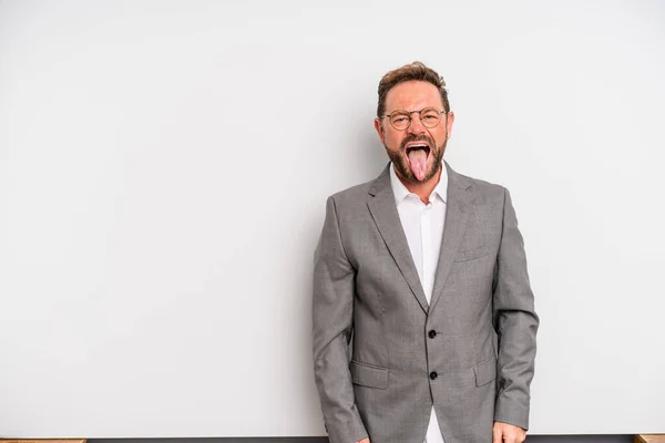 Middle Age Man Cheerful Rebellious Attitude Joking Sticking Tongue Out — Stockfoto