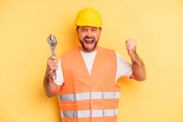 Middle Age Man Shouting Aggressively Angry Expression Breakdown Car Repair — Stock Photo, Image