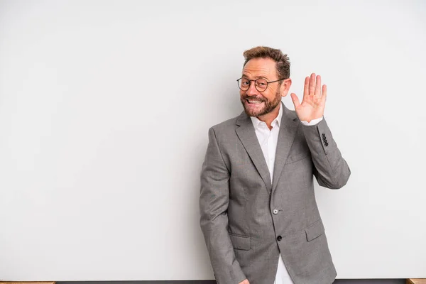 Middle Age Man Smiling Happily Waving Hand Welcoming Greeting You — Stockfoto