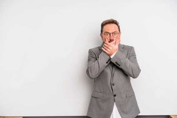 Middle Age Man Covering Mouth Hands Shocked Businessman Concept — Fotografia de Stock