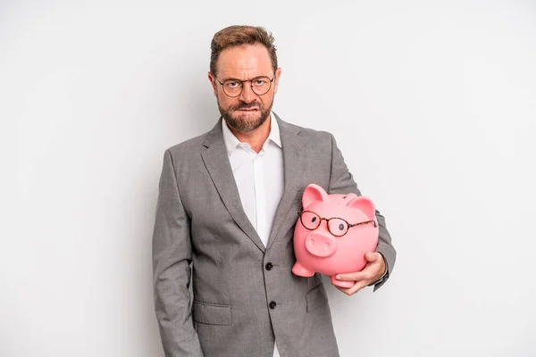 Middle Age Man Looking Puzzled Confused Businessman Pigy Bank Concept — Photo