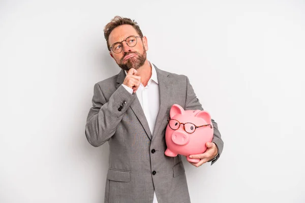 Middle Age Man Thinking Feeling Doubtful Confused Businessman Pigy Bank — Photo