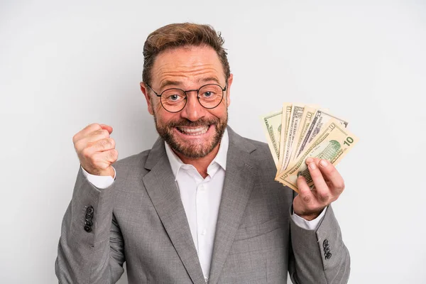 Middle Age Man Feeling Shocked Laughing Celebrating Success Dollar Banknotes — Stock Photo, Image