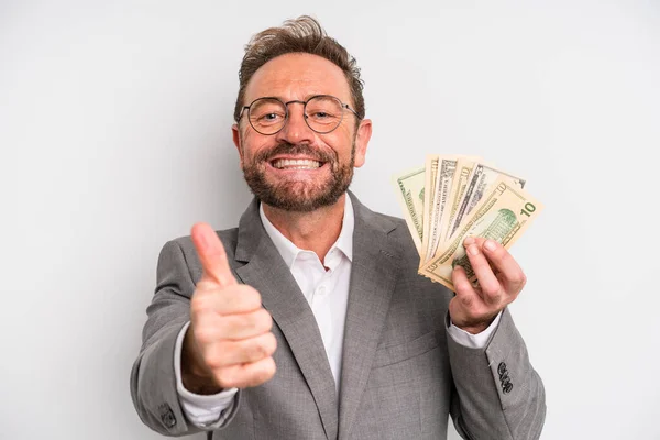 Middle Age Man Feeling Proud Smiling Positively Thumbs Dollar Banknotes — Φωτογραφία Αρχείου