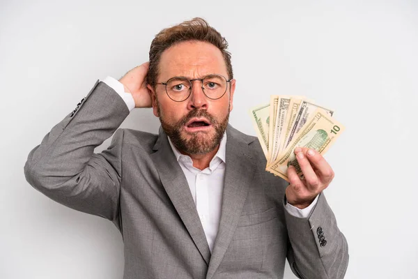 Middle Age Man Feeling Stressed Anxious Scared Hands Head Dollar — Stockfoto