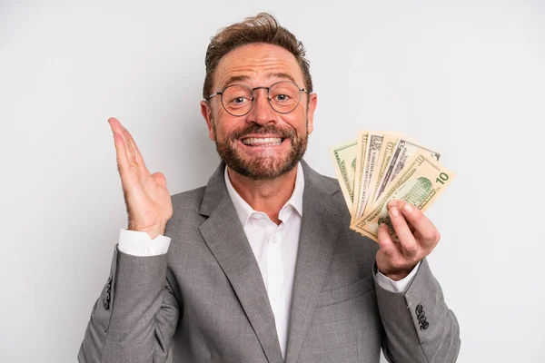 Middle Age Man Feeling Happy Astonished Something Unbelievable Dollar Banknotes — Φωτογραφία Αρχείου