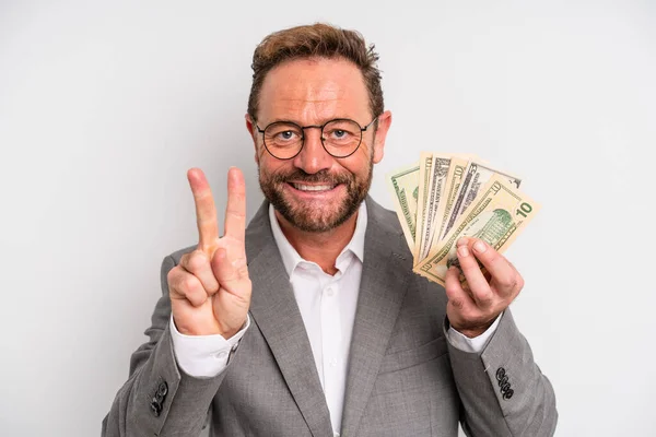 Middle Age Man Smiling Looking Friendly Showing Number Two Dollar — Stock Fotó