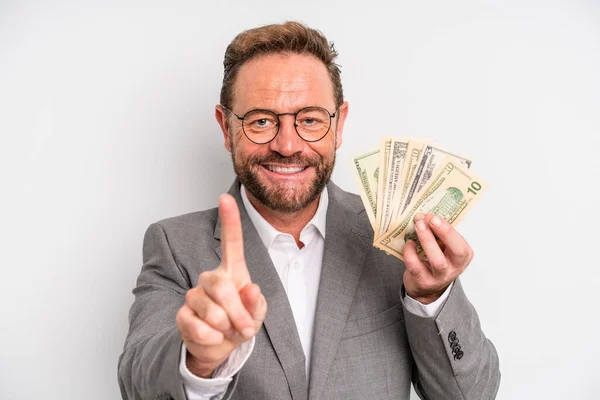 Middle Age Man Smiling Proudly Confidently Making Number One Dollar — Φωτογραφία Αρχείου