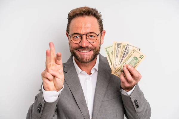 Middle Age Man Smiling Looking Friendly Showing Number Three Dollar — Φωτογραφία Αρχείου