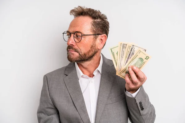 Middle Age Man Profile View Thinking Imagining Daydreaming Dollar Banknotes — Stockfoto