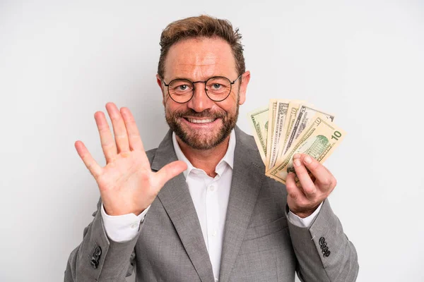 Middle Age Man Smiling Looking Friendly Showing Number Five Dollar — Stock Photo, Image