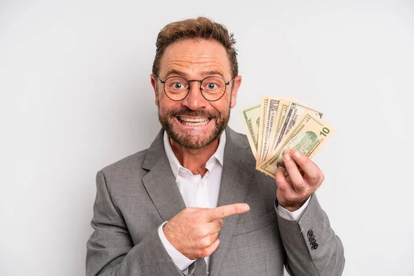 Middle Age Man Looking Excited Surprised Pointing Side Dollar Banknotes — Stock Photo, Image