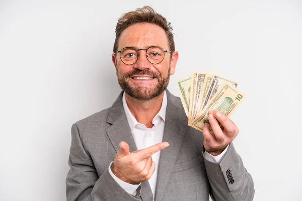 Middle Age Man Smiling Cheerfully Feeling Happy Pointing Side Dollar — Φωτογραφία Αρχείου
