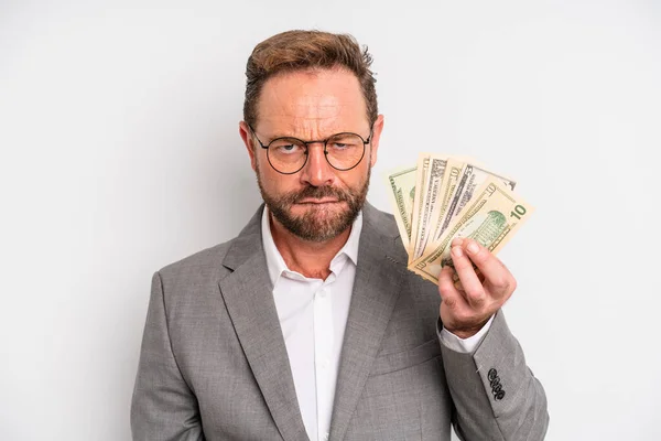 Middle Age Man Looking Puzzled Confused Dollar Banknotes Concept — Stockfoto