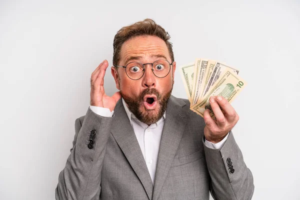 Middle Age Man Screaming Hands Air Dollar Banknotes Concept — Stockfoto
