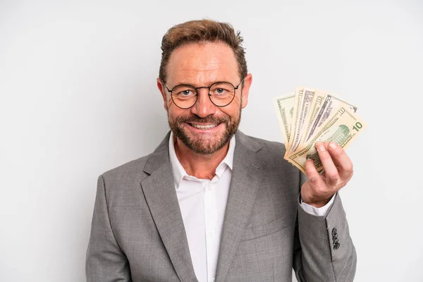 Middle Age Man Looking Happy Pleasantly Surprised Dollar Banknotes Concept — Stock Photo, Image