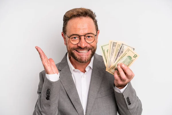 Middle Age Man Feeling Happy Surprised Realizing Solution Idea Dollar — Stock Photo, Image