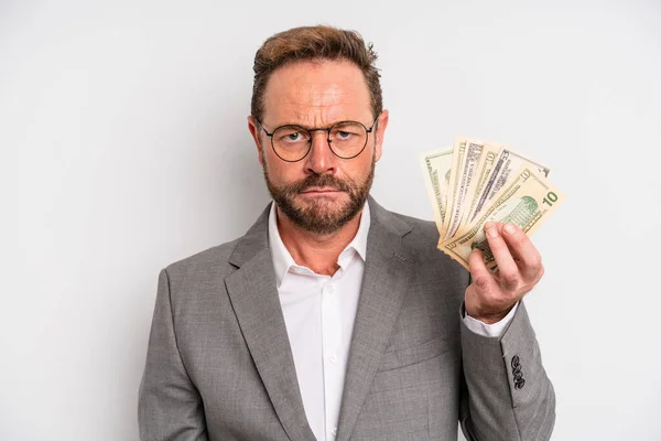 Middle Age Man Feeling Puzzled Confused Dollar Banknotes Concept — Stockfoto