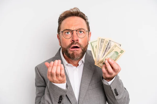 Middle Age Man Looking Desperate Frustrated Stressed Dollar Banknotes Concept — Foto Stock
