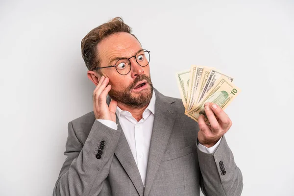 Middle Age Man Feeling Happy Excited Surprised Dollar Banknotes Concept — Stockfoto