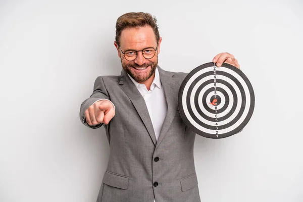 Middle Age Man Pointing Camera Choosing You Target Darts Concept — Zdjęcie stockowe