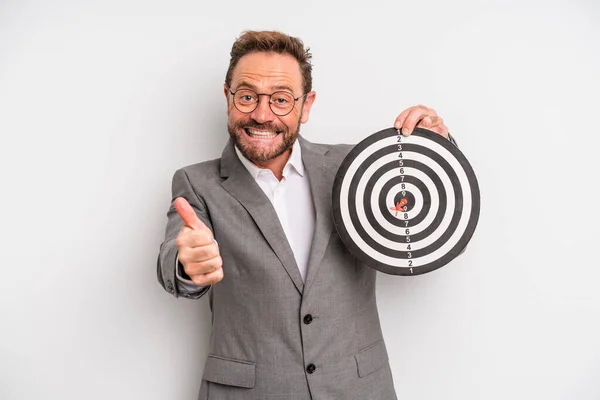 Middle Age Man Feeling Proud Smiling Positively Thumbs Target Darts — Zdjęcie stockowe