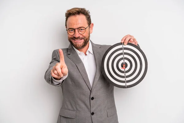 Middle Age Man Smiling Proudly Confidently Making Number One Target — Zdjęcie stockowe