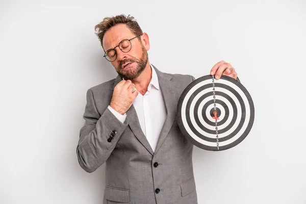 Middle Age Man Feeling Stressed Anxious Tired Frustrated Target Darts — Stockfoto