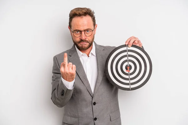 Middle Age Man Feeling Angry Annoyed Rebellious Aggressive Target Darts — Zdjęcie stockowe