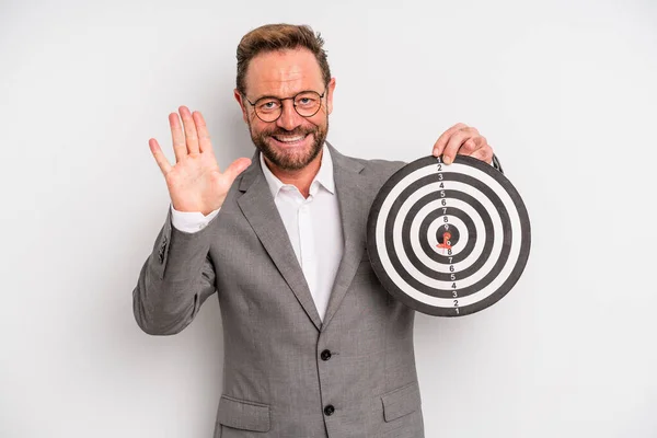 Middle Age Man Smiling Looking Friendly Showing Number Five Target — Zdjęcie stockowe